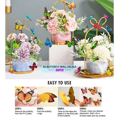 80pcs Butterfly Wall Decor - Plastic Butterflies Wings Foldable Removable Waterproof Reusable Mural Wall Stickers for Home Room Bedroom Party Wedding Christmas Decorations