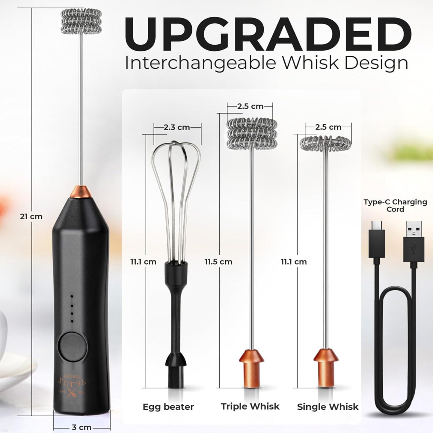 Zulay Kitchen Rechargeable Milk Frother - Dynamic - 3 Speeds, 3 Whisk Attachments, 500 mAh USB Charging, Drink Mixer For Latte, Cappuccino, Matcha, Protein Powder, Coffee Foam - Black Copper