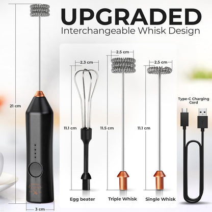 Zulay Kitchen Rechargeable Milk Frother | 3 Speeds & 3 Whisk Attachments - USB Charging, Perfect for Lattes & Cappuccinos - Black Copper