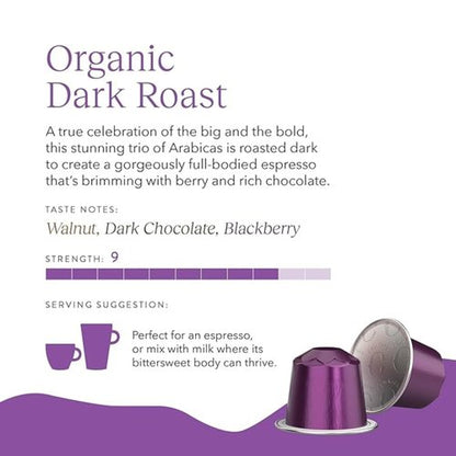 Cru Kafe Dark Roast USDA Organic Espresso Coffee Capsules (50 Pods) Fairtrade Coffee Pods Compatible with Nespresso Original Line and Pixie Machines
