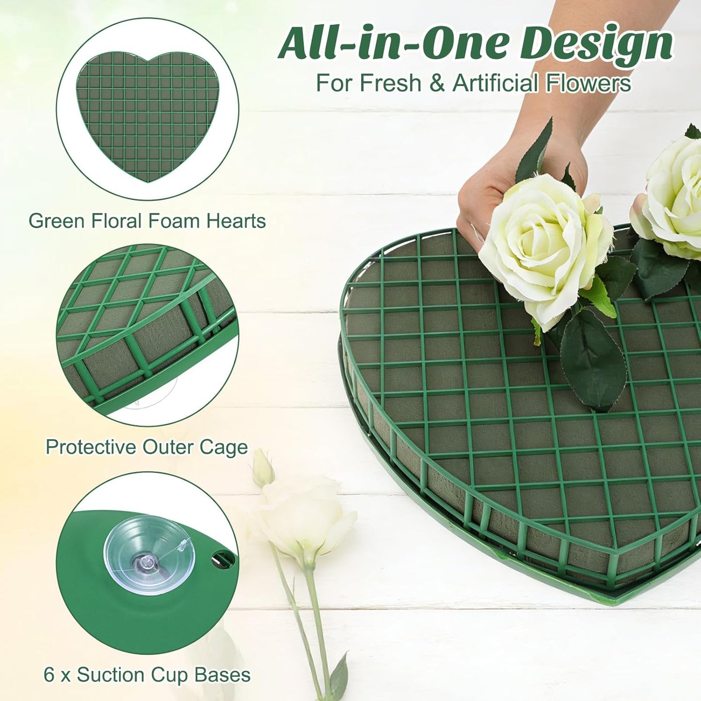 STOBOK Floral Foam Hearts - Heart-Shaped Floral Foam Cage with 5 Suction Cups for Weddings | Green, 12.2 x 11.4 in