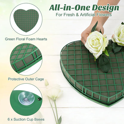 STOBOK Floral Foam Hearts - Heart-Shaped Floral Foam Cage with 5 Suction Cups for Weddings | Green, 12.2 x 11.4 in