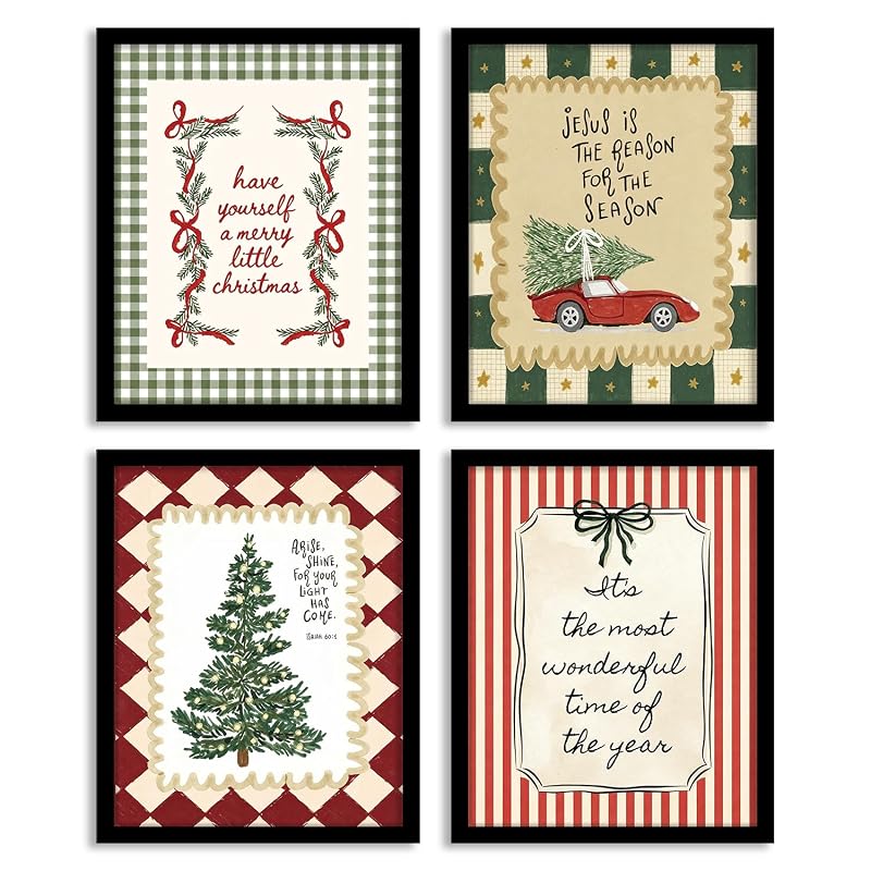 Christmas Wall Art Set - 4 Prints 8x10 in, Includes Christmas Tree1 Variation