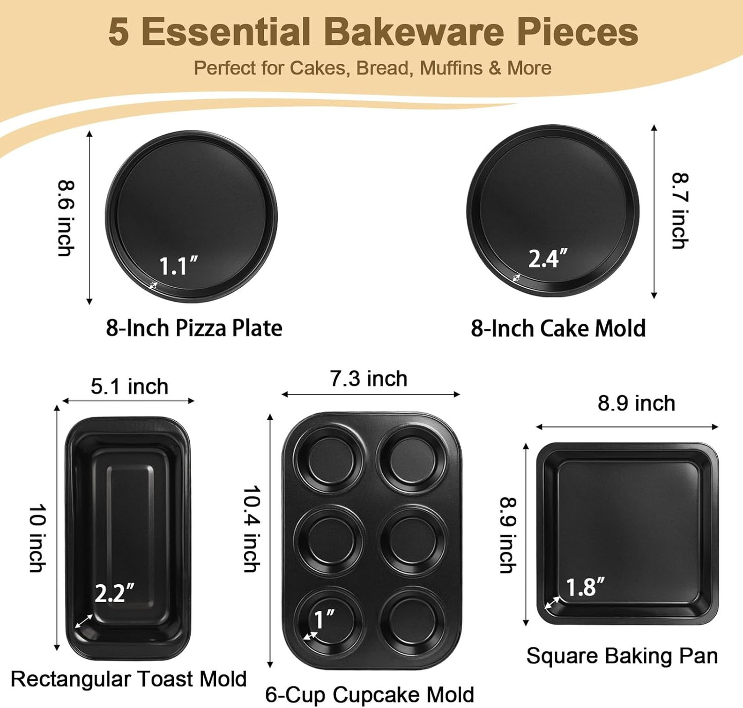 Skiennix 5-Piece Toaster Oven Baking Pan Set - Compact Nonstick Bakeware for RVs & Small Kitchens | Muffin, Loaf, Pizza, Cake & Square Pans