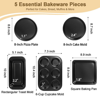 Skiennix 5-Piece Toaster Oven Baking Pan Set - Compact Nonstick Bakeware for RVs & Small Kitchens | Muffin, Loaf, Pizza, Cake & Square Pans