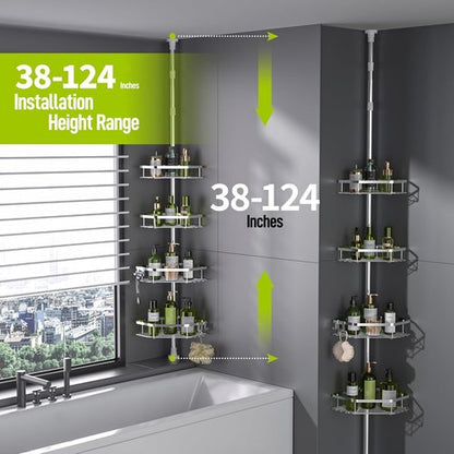 LAMU Shower Caddy - Adjustable 4-Tier Corner Tension Pole Organizer with Strong Spring & 4 Hooks | Silver