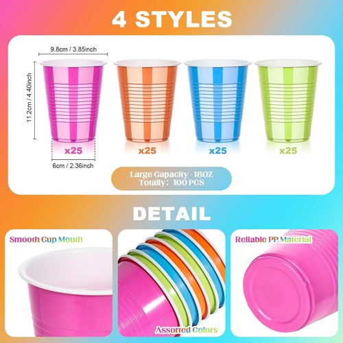 KesaPlan 100PCS Colorful 18 oz Plastic Cups - Disposable Rainbow Drinking Cups for Parties