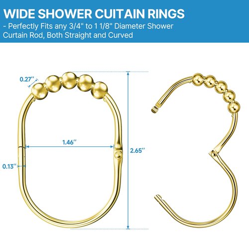 MENGJINGO 12PCS Wide Shower Curtain Hooks, Rust Proof Stainless Steel Shower Curtain Rings, Heavy Duty Shower Hooks for Shower Curtain Bathroom Curtain Hooks, Easy Glide Rollers, Set of 12, Gold