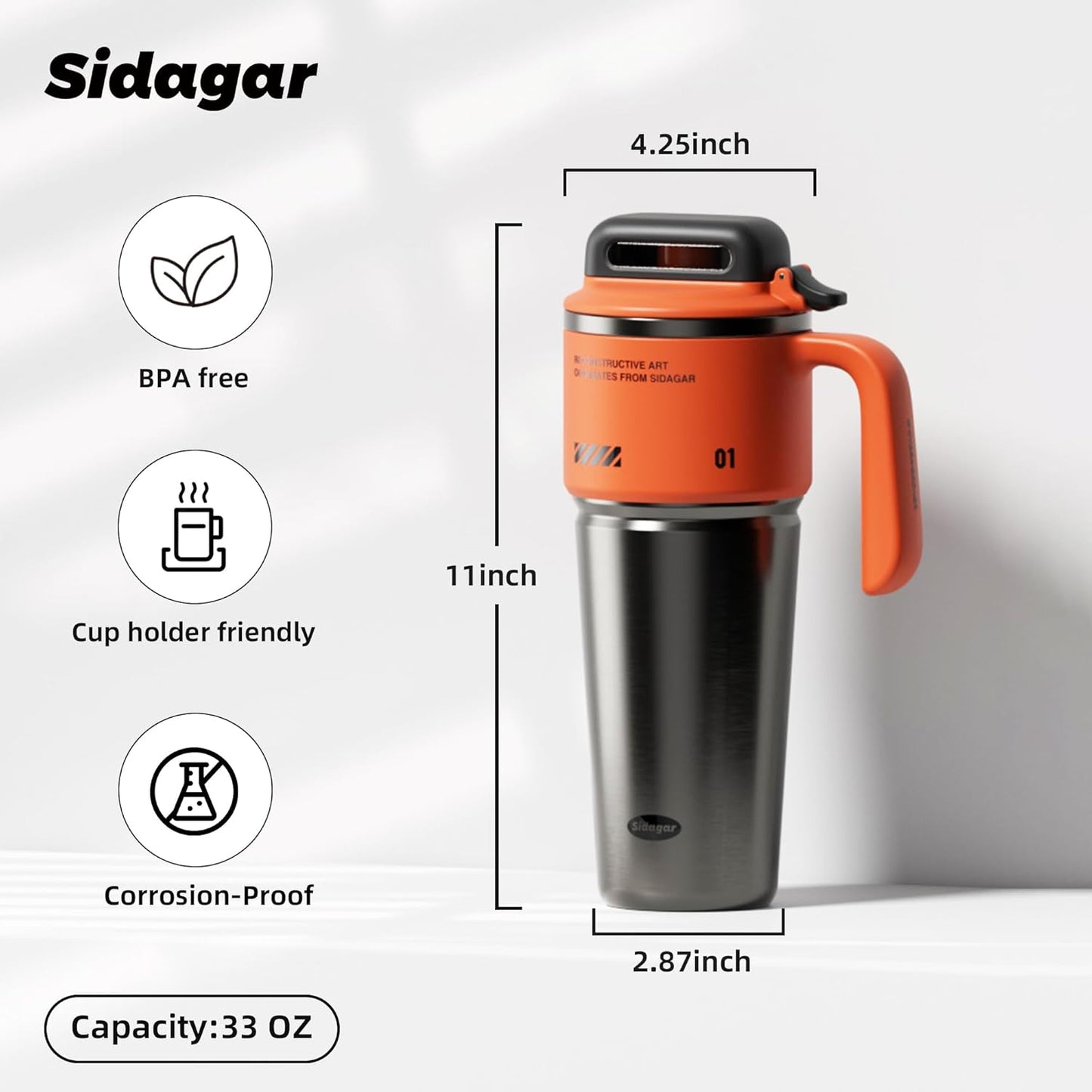 Skiennix 32 oz Stainless Steel Insulated Water Bottle - Leak-Proof Travel Cup with Handle | Dynamic Orange