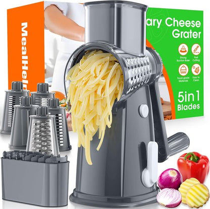 5 Blade Rotary Cheese Grater by [Brand Name] - Hand Crank Vegetable Chopper with Storage Box | Easy to Use, Non-Slip Suction Base, Gray