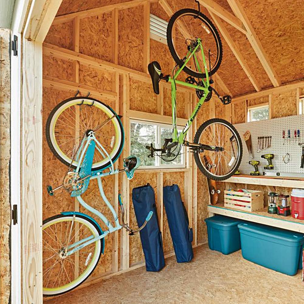 SMARTOLOGY Bike Hanger Storage Hooks - 8 Pack Heavy-Duty Rubber Coated Ceiling Racks | Black