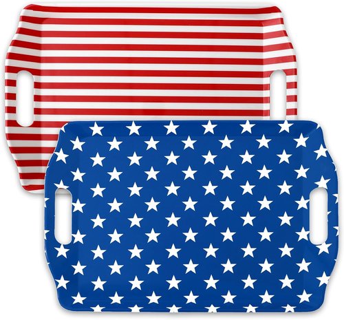 FYSUIMU Patriotic Serving Trays - 4Pcs American Flag Plastic Trays with Handles | 10 x 15 In for 4th of July