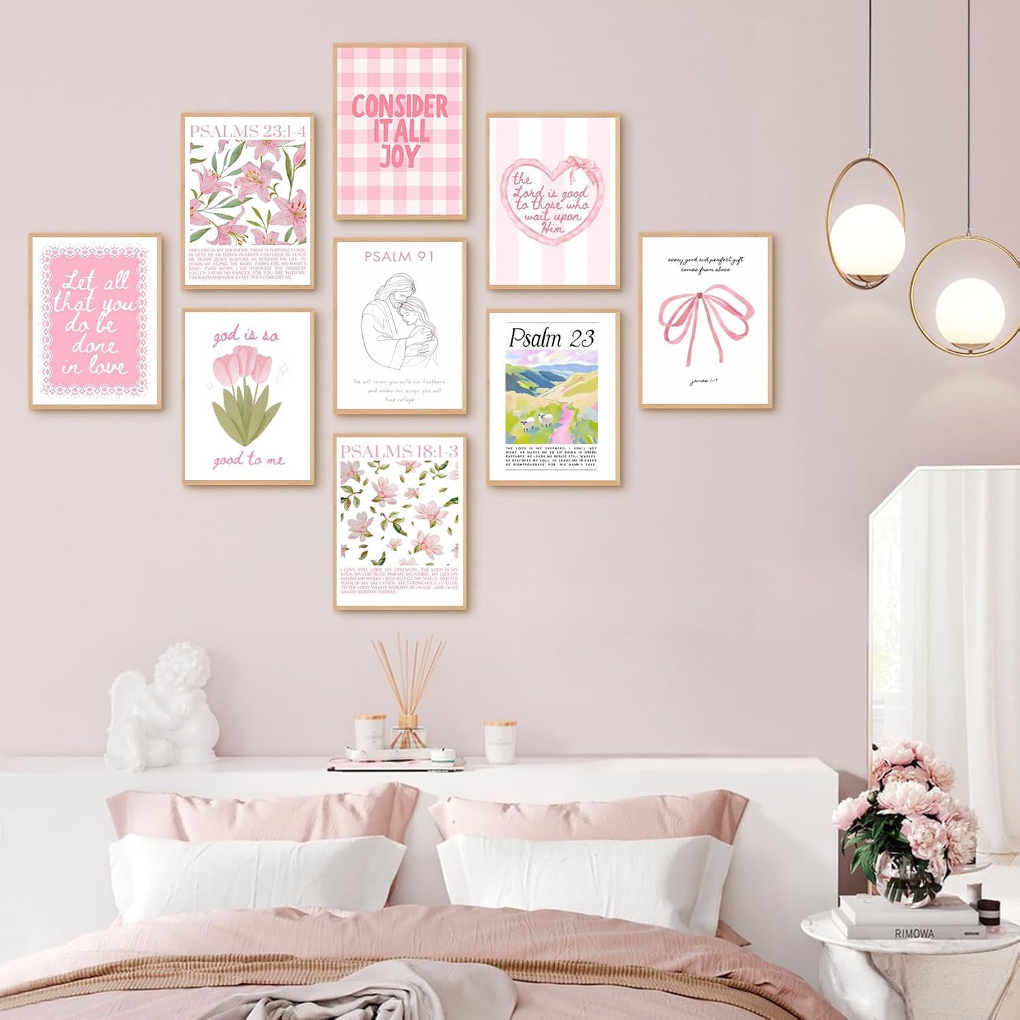 Skiennix 9-Piece Pink Christian Wall Art Set - Trendy Bible Verses & Psalms Decor | 8x10 Inch Prints for Girls' Rooms