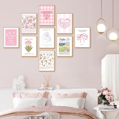 Skiennix 9-Piece Pink Christian Wall Art Set - Trendy Bible Verses & Psalms Decor | 8x10 Inch Prints for Girls' Rooms
