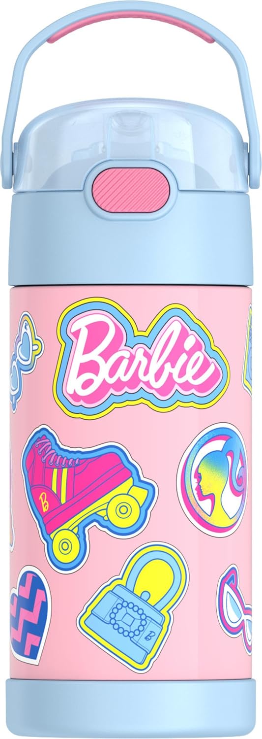 THERMOS FUNTAINER Water Bottle - 12 Ounce Kids Stainless Steel Vacuum Insulated with Straw - Barbie Design