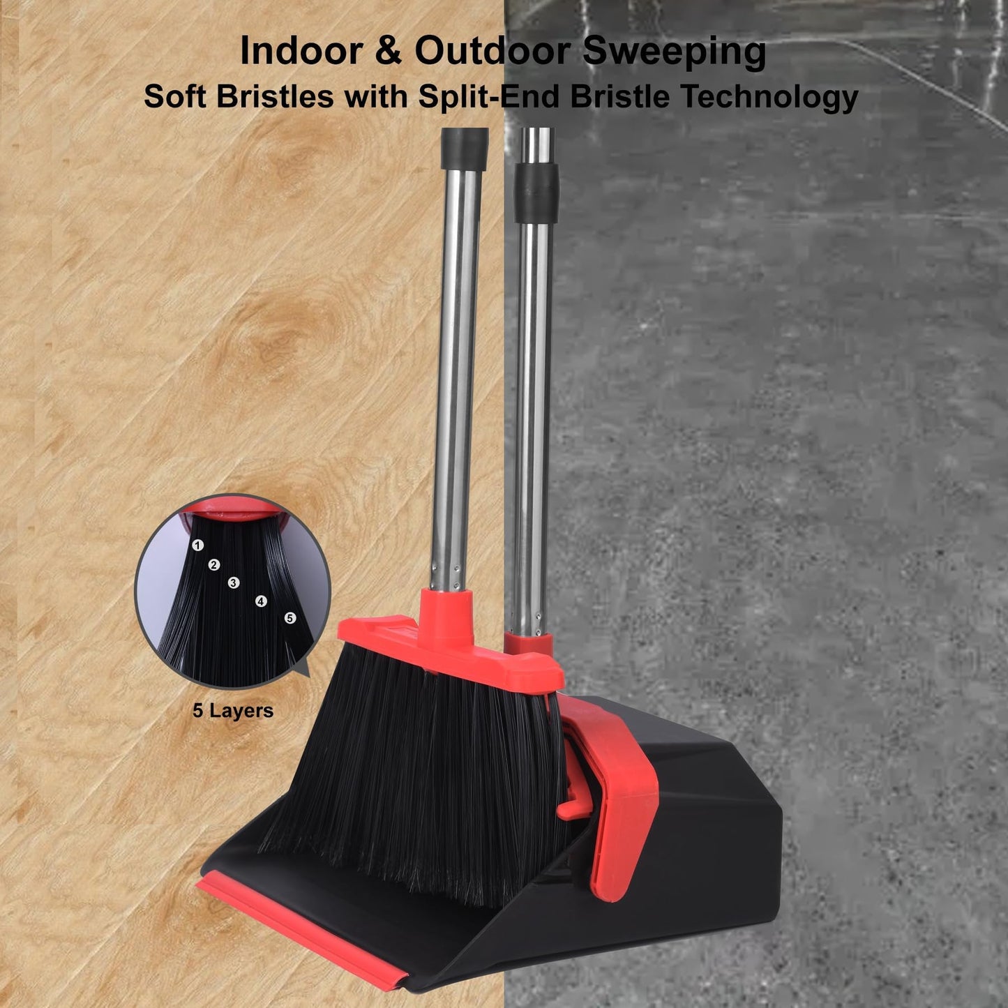 Tiumso Upgrade Broom with Dustpan Combo Set, Broom and Dustpan Set with 51'' Long Handle, Dust Pan and Brooms, ZeroGap Lip, Self-Cleaning Dustpans Teeth for Lobby Kitchen Restaurant - Black and Red