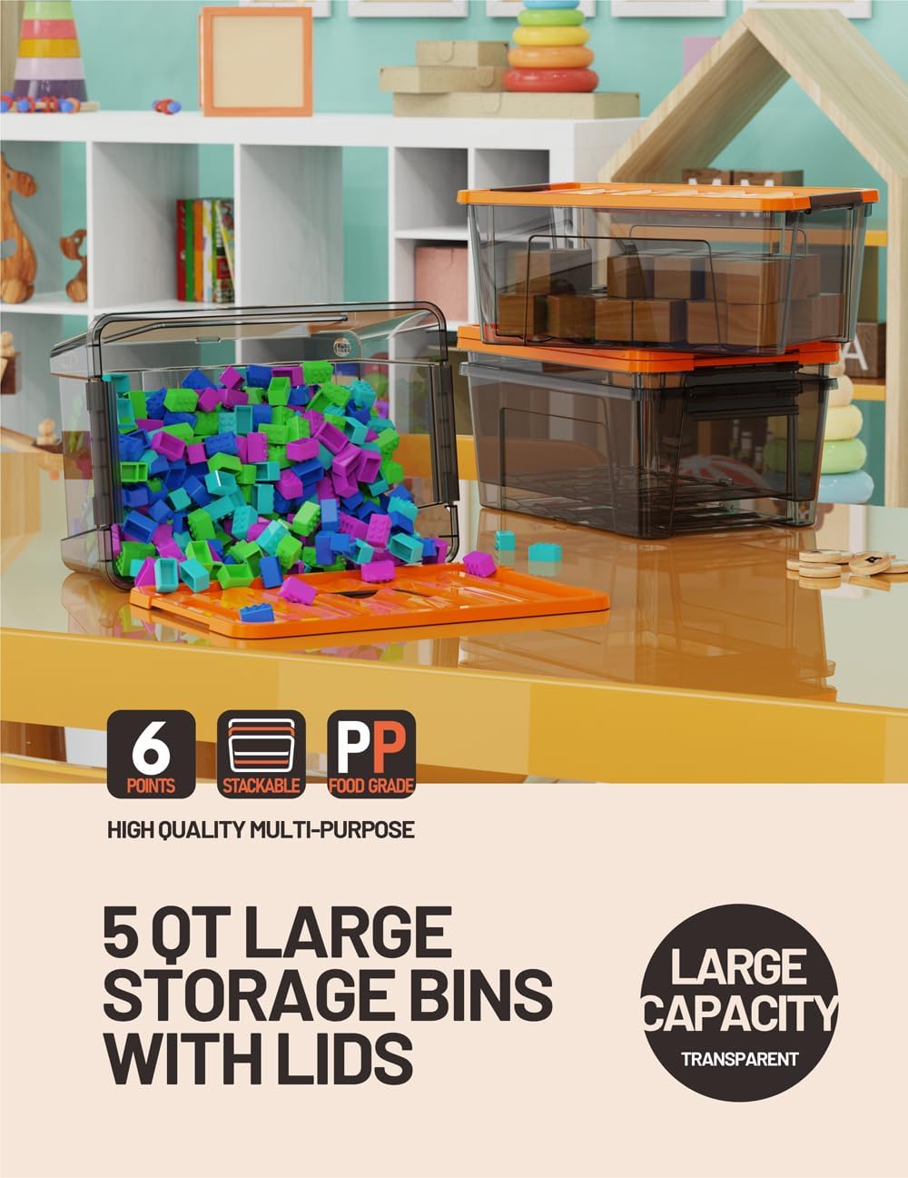 WYT 5-Quart Storage Container Bin - Durable Plastic with Orange Lid & Black Latch | 6-Pack