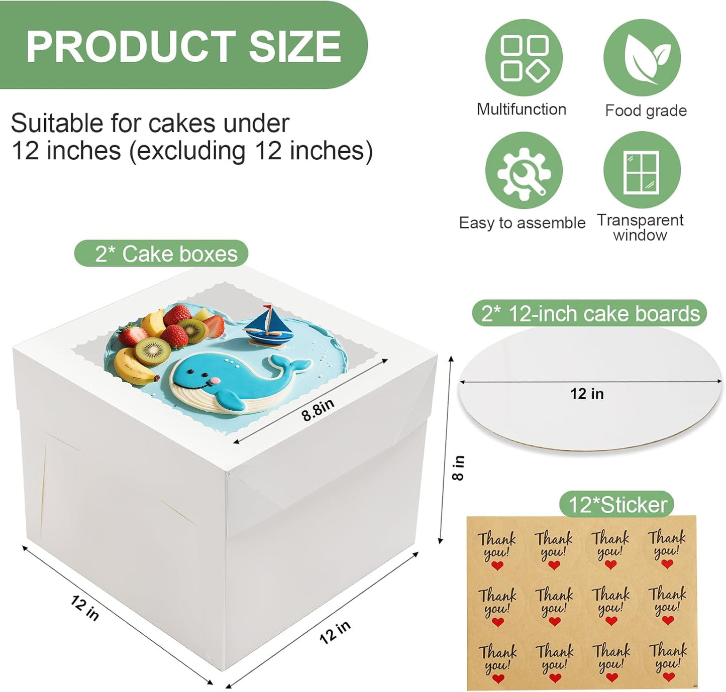 Skiennix 2 Pack Cake Boxes - 12x12x8 Inch Tall Bakery Boxes with Large Window & Cake Boards