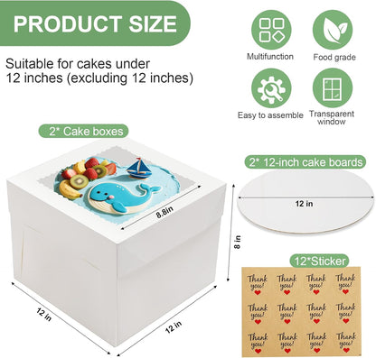 Skiennix 2 Pack Cake Boxes - 12x12x8 Inch Tall Bakery Boxes with Large Window & Cake Boards