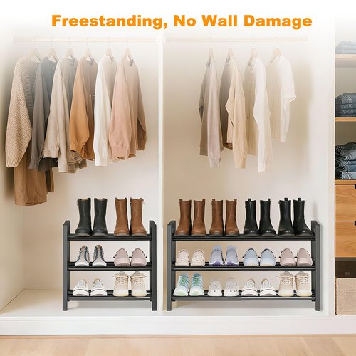 Detsuk 3-Tier Expandable Shoe Rack – Adjustable Heavy-Duty Metal Shoe Organizer Shelf for Closet, Entryway, Mudroom & Garage – Durable Freestanding Storage, Black
