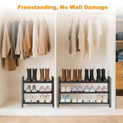 Detsuk 3-Tier Expandable Shoe Rack – Adjustable Heavy-Duty Metal Shoe Organizer Shelf for Closet, Entryway, Mudroom & Garage – Durable Freestanding Storage, Black