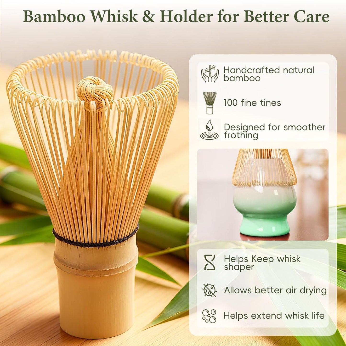 Skiennix Matcha Whisk Set - Complete 6PCS Ceramic Kit with Bowl, Bamboo Whisk, Scoop & Sifter - Green