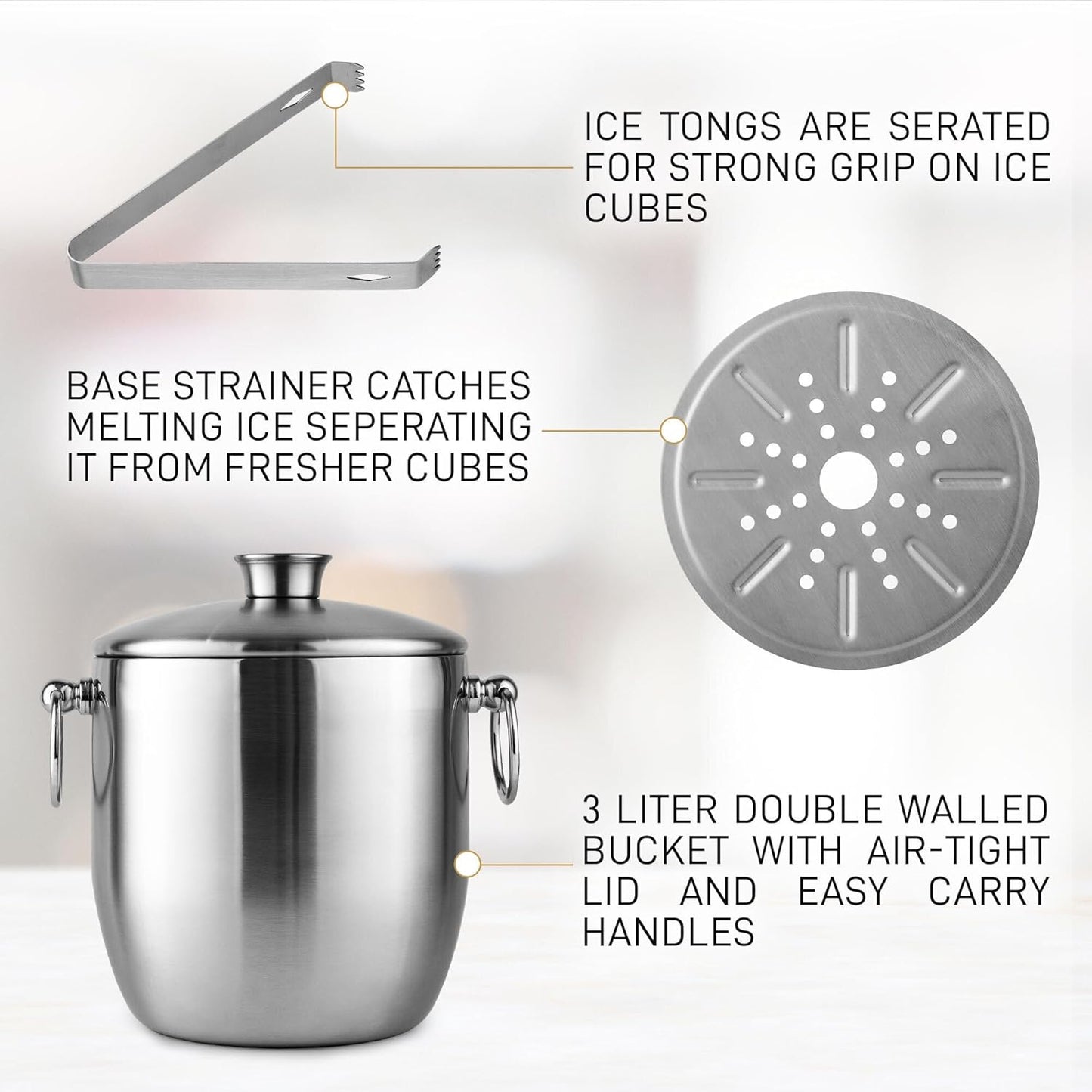 Zulay Kitchen Premium Stainless Steel Double-Wall Insulated Ice Bucket Kit – 3L, Leak-Proof, Stylish Drink Cooler for Parties, Cocktails, Wine, and Whiskey – Perfect for Home & Bar Use