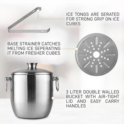 Zulay Kitchen Premium Stainless Steel Double-Wall Insulated Ice Bucket Kit – 3L, Leak-Proof, Stylish Drink Cooler for Parties, Cocktails, Wine, and Whiskey – Perfect for Home & Bar Use