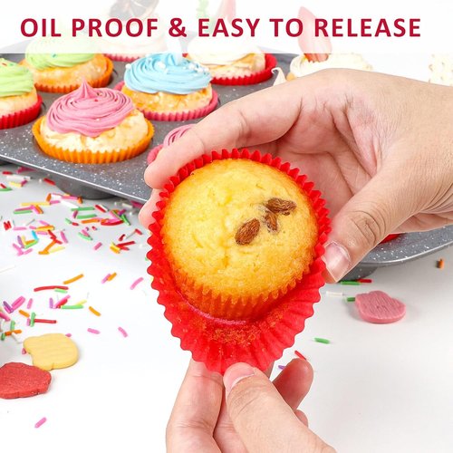 Caperci Red Cupcake Muffin Liners - 500-Count, No Smell, Food Grade & Grease-Proof Baking Cups