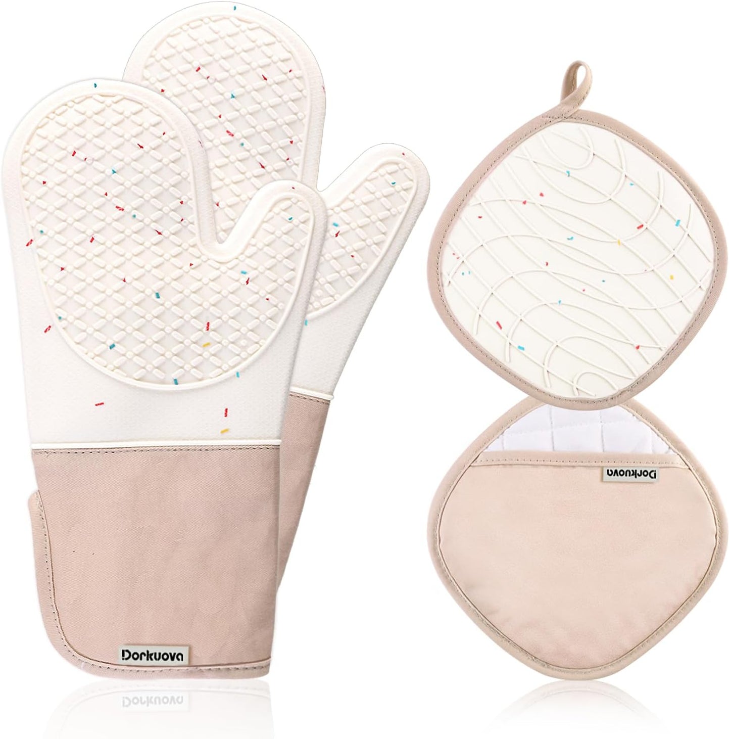Skiennix Oven Mitts - Cute Heat Resistant Silicone Cooking Gloves | Washable, 500°F, Cream Color