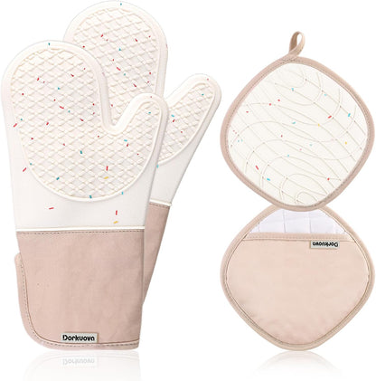 Skiennix Oven Mitts - Cute Heat Resistant Silicone Cooking Gloves | Washable, 500°F, Cream Color