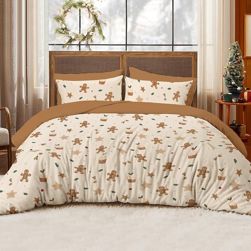 Beige Cartoon Christmas Duvet Cover Twin - 1 Duvet Cover + 1 Pillowcase, Microfiber, For Kids & Adults (Variation: Beige Cartoon+Twin(No Comforter))