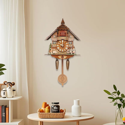 Wall Mounted Cuckoo Clock with Pendulum, Battery-Operated, Adjustable Volume