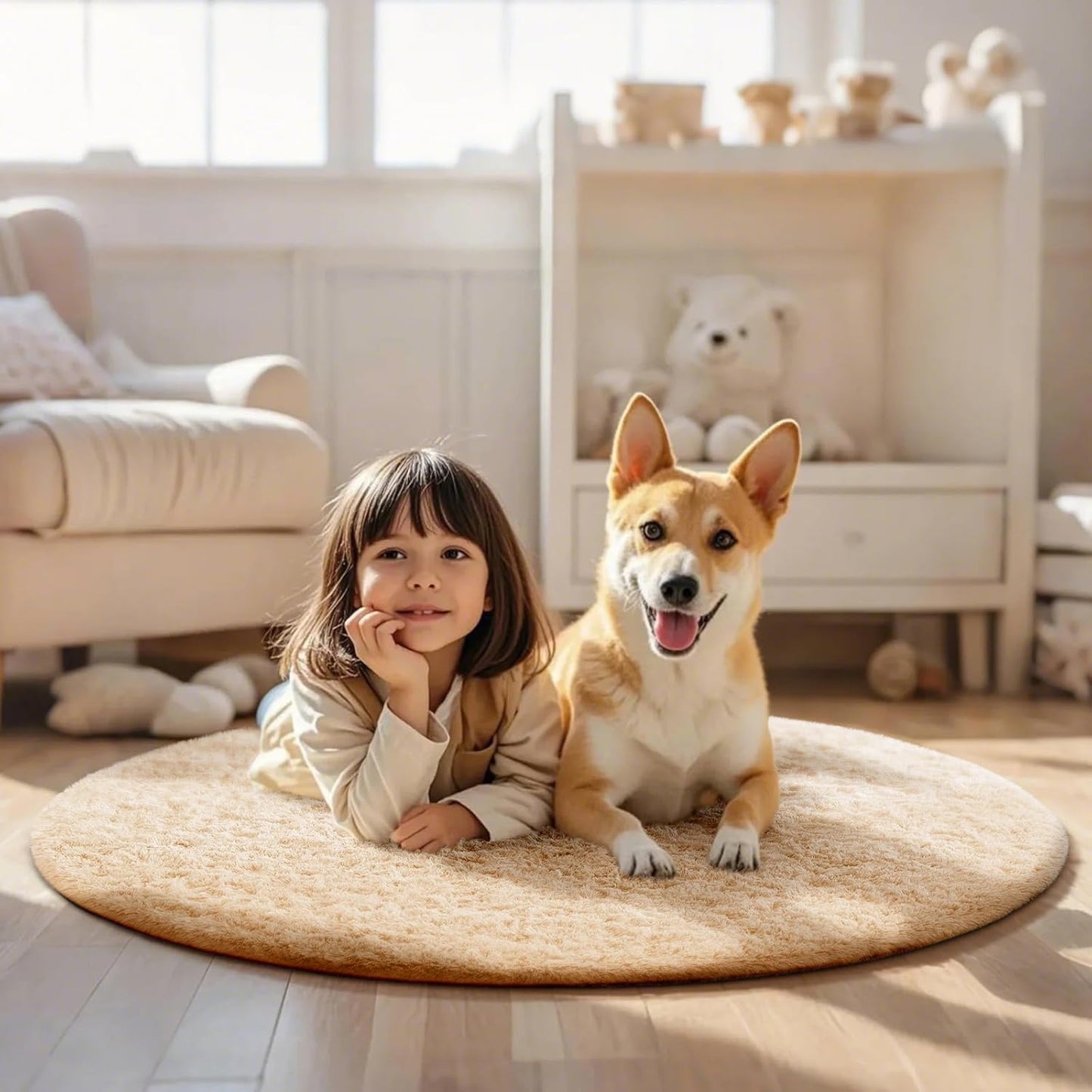 Ophanie Round Rug - 4Ft Beige Circle Area Rug | Fluffy Plush Shaggy Carpet for Kids' Rooms