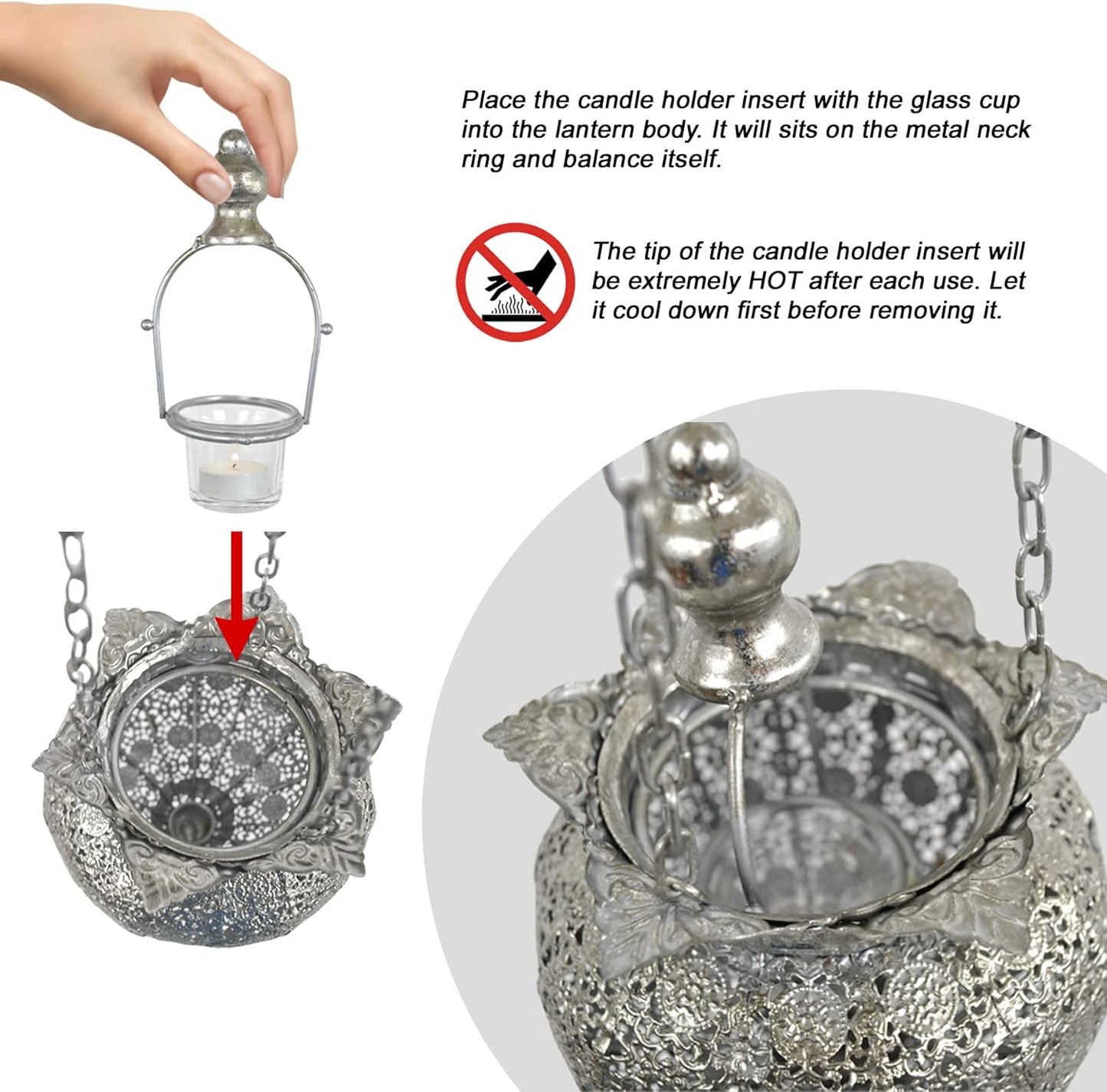 Westcharm Antique Silver Moroccan Lantern - Elegant Metal Hanging Pendant Light for Indoor/Outdoor Use - Small Size