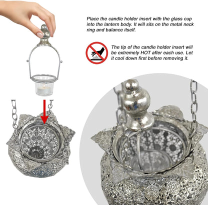 Westcharm Antique Silver Moroccan Lantern - Elegant Metal Hanging Pendant Light for Indoor/Outdoor Use - Small Size