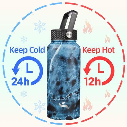 Skiennix 32 oz Insulated Stainless Steel Water Bottle - Marble Ocean Design with 3 Lids