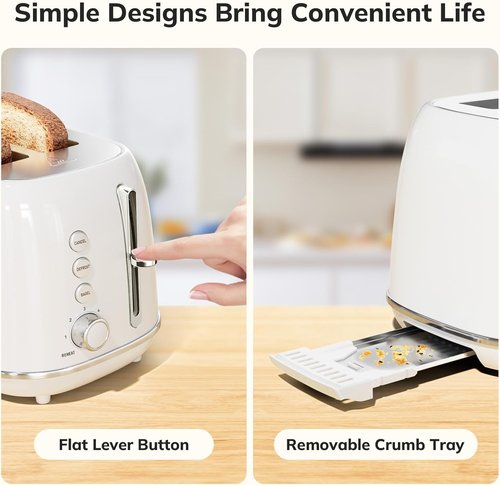 Keenstone Toaster - Retro 2-Slice Stainless Steel Design | 6 Browning Levels & Removable Crumb Tray - White