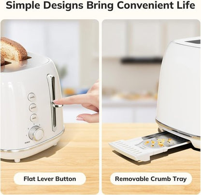 Keenstone 2-Slice Stainless Steel Toaster - Retro Design with 6 Browning Levels & Removable Crumb Tray | White