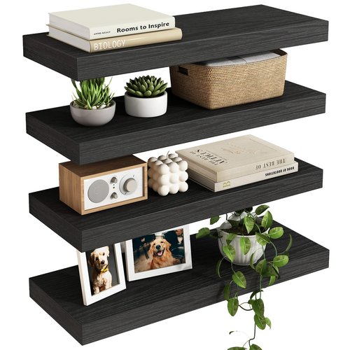 Fixwal Black Floating Shelves for Wall, Rustic Wood Shelves for Bathroom, Living Room, Bedroom and Kitchen, Wall Shelves for Storage, Books, Room Decor (Set of 4, 15.8 Inch)