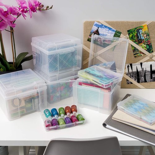 IRIS USA Photo Organizer - 5" x 7" Storage Box with Handle & 6 Inner Cases for Stickers & Flashcards - Clear