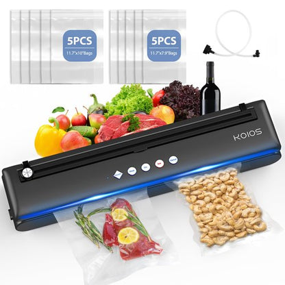 KOIOS Vacuum Sealer Machine, Automatic Food Sealer with Cutter, Dry & Moist Modes, Compact Design Powerful Suction Air Sealing System with 10 Sealing Bags & Air Suction Hose