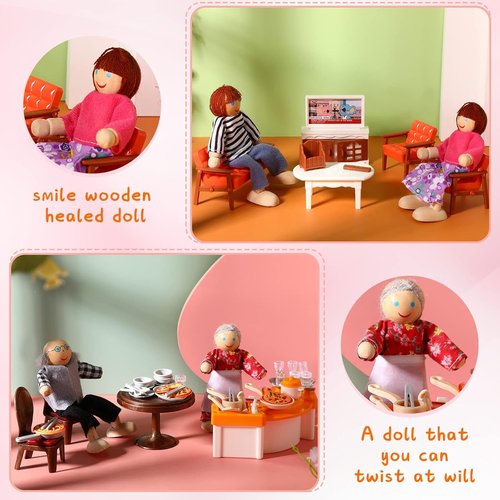 HyDren 83-Piece Wooden Dollhouse Furniture Set - Includes 8 Flexible Dolls for 5 Rooms | Perfect Gift for Toddlers