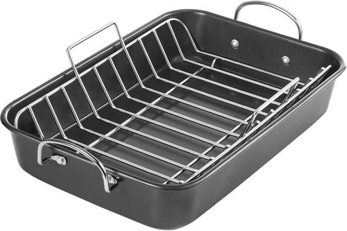 KITESSENSU Nonstick Roasting Pan - Heavy Duty Turkey Roaster with Rack | 15 x 11 Inch, Gray