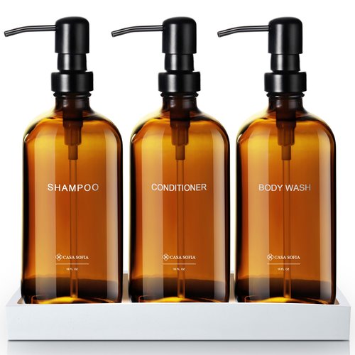 Casa Sofia Shampoo and Conditioner Dispenser | Refillable Shampoo Dispenser Bottles with Pump | Set of 3, 16 OZ Amber Glass Shower Soap Dispensers with Concrete Tray | Modern Bathroom Essentials