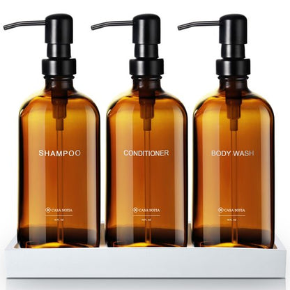 Casa Sofia Shampoo and Conditioner Dispenser | Refillable Shampoo Dispenser Bottles with Pump | Set of 3, 16 OZ Amber Glass Shower Soap Dispensers with Concrete Tray | Modern Bathroom Essentials