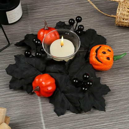 Skiennix Halloween Candle Rings - Black Artificial Maple Leaf & Pumpkin Holders | 2-Piece Set for Festive Decor