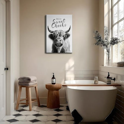 Highland Cow Wall Art - Funny Black and White Canvas Print | 16x24in Framed Bathroom Decor