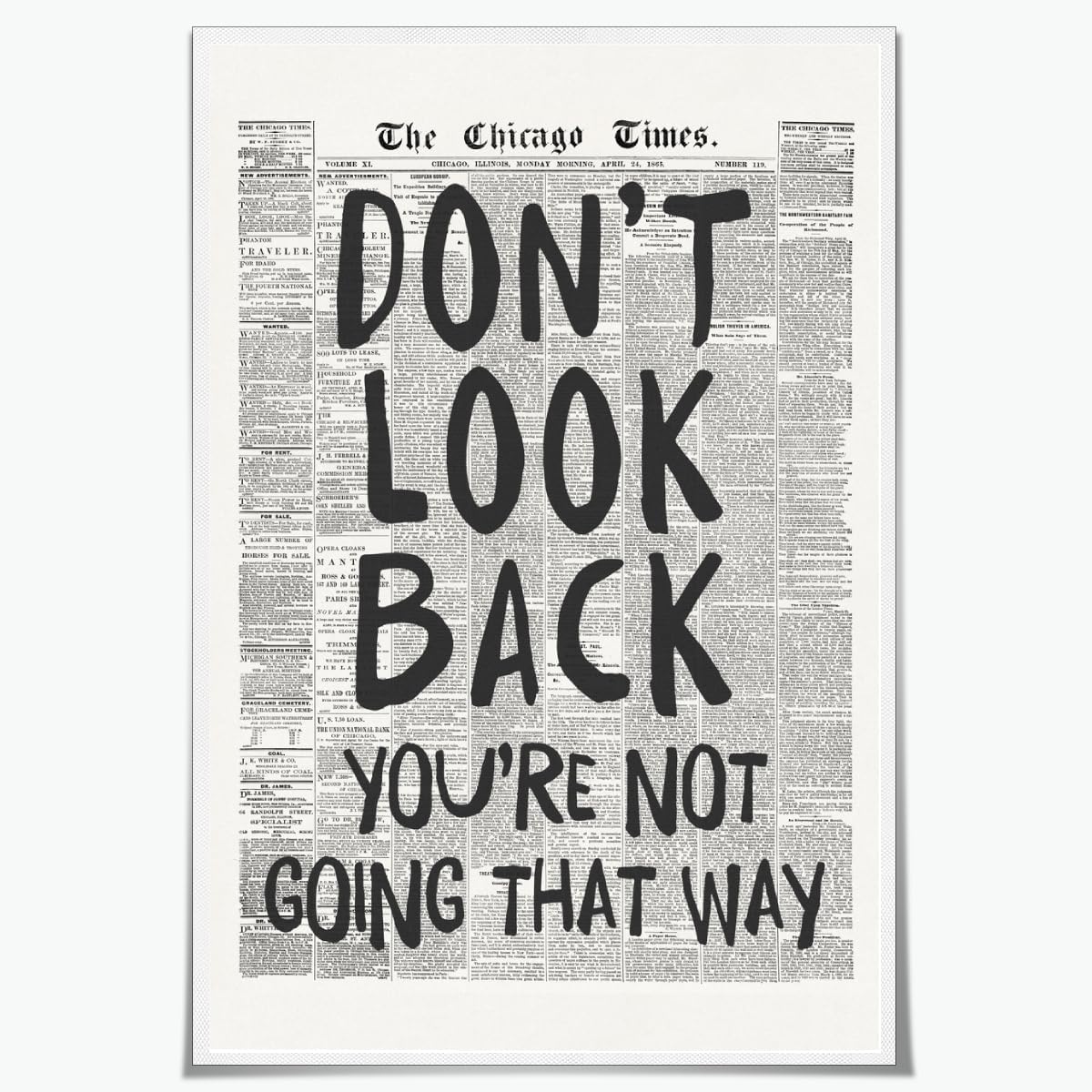 Skiennix Retro Black and White Newspaper Wall Art - "Don't Look Back" Positive Canvas Print | 12x18 Inch Unframed Aesthetic Poster for Bedroom Decor