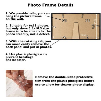 JCJMY 6x11 Picture Frame Black for Wall Hanging or Tabletop, Wall Mounting Horizontally or Vertically, 6 x 11 Wall Gallery Poster Photo Frame with Shatter Resistant Plexiglass, Black
